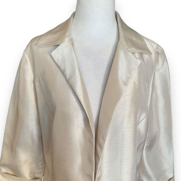 Chicos Blazer Jacket Metallic Golden Ecru Open Front Longline Wedding Guest - Picture 2 of 9